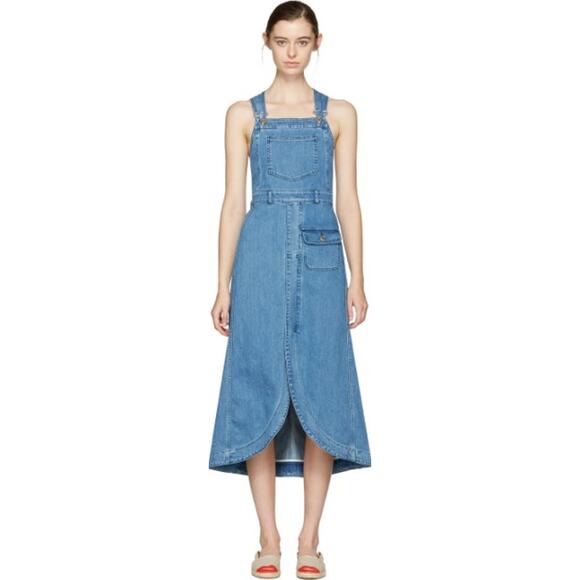 See by Chloe Dress Womens 38 M Small Denim Pinafore Midi Overall Washed Indigo - Picture 1 of 8